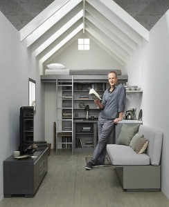 (right) John Weisbarth is co-host (along with Zack Giffin) of Tiny House Nation, where he builds houses of less than 500 square feet for families across America. Here, the 6-foot, 4-inch host shows how vertical spaces can be used for maximum functionality, and high ceilings add an air of spaciousness to even the smallest of living spaces.