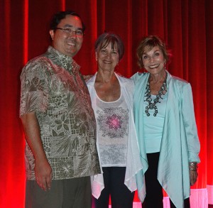 Gita Dorothy Moreno, (center), the great granddaughter of Wizard of Oz author L. Frank Baum, attended both showings of the Wizard of Oz at the Village Theatres.  She is welcomed by Coronado Mayor Casey Tanaka and Doug St. Denis, executive director of the Coronado Island Film Festival.