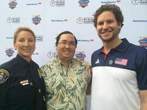 From left, Officer Linda Griffin, Mayor Casey Tanaka, and U.S. Olympian Layne Beaubien.