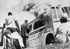 On Mother’s Day, May 14, 1961 one of two Freedom Riders buses heading toward Birmingham, Ala., was set ablaze by members of the Ku Klux Klan; the riders narrowly escaped.
